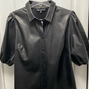 NWT Eloquii Black Faux Leather Elastic Puff Short Sleeves Button Down Blouse